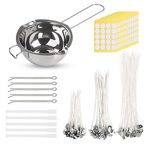 Kerzen Selber Machen Set, Kerzenherstellung Zubehör, 200 Stück Kerzendochte für Kerzen, 200 Stück Dochtaufkleber, Schmelztopf, Edelstahl Dochthalter, Kerzendocht für die Kerzenherstellung Candle DIY Cover