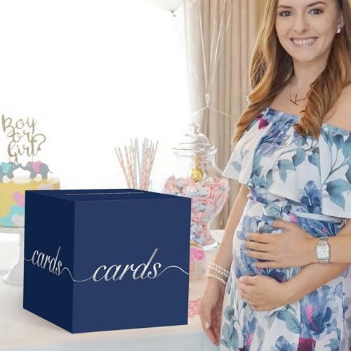 Image of Navy Blue Card Box Silver Foil Wedding Favors Gift Card Boxes Post Box Receiving Money Holder for Wedding Reception, Baby Showers, Anniversary, Birthday Party, Retirement, Graduation Envelope Holder