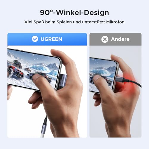 UGREEN USB C auf 3,5mm Klinke 90 Grad Winkel Adapter auf Klinke, USB C auf 3.5mm Kopfhörer Adapter mit DAC Chip kompatibel mit iphone17/17 air/17pro/17pro max, Galaxy S 25 Serie, iPad, Mac