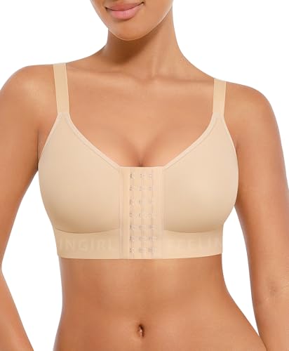 FeelinGirl Post Surgery Compression Bra Front Closure Bras for Women Mastectomy with Front Closure Wireless Bra Beige M