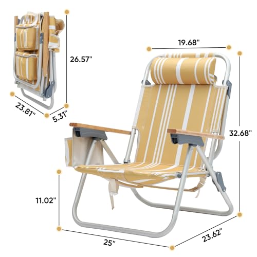 Sekey Aluminum Beach Chair for Adults with 5-Position Classic Lay Flat, Lightweight Folding Backpack Beach Chair with 2 Cooler Bag, Towel Bar, Cup Holder & Phone Holder for Outdoor, Camping, Lawn