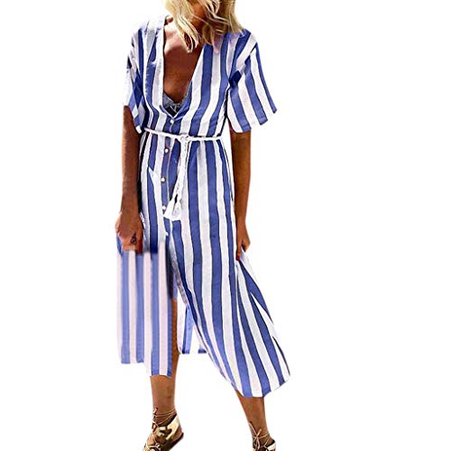 Sunnywill Women Skirt, Sale! Women Summer Deep V-Neck Striped Short Sleeve Long Maxi Party Beach Dress Womens Casual Practical Sweater Dress Skirt Blue