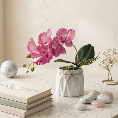 Image of Dekorly Artificial Lavender Plant in White Pot, 18cm - Realistic Faux Flower Arrangement for Home & Office Decor (Set of 1) (1, Pink Orchid)