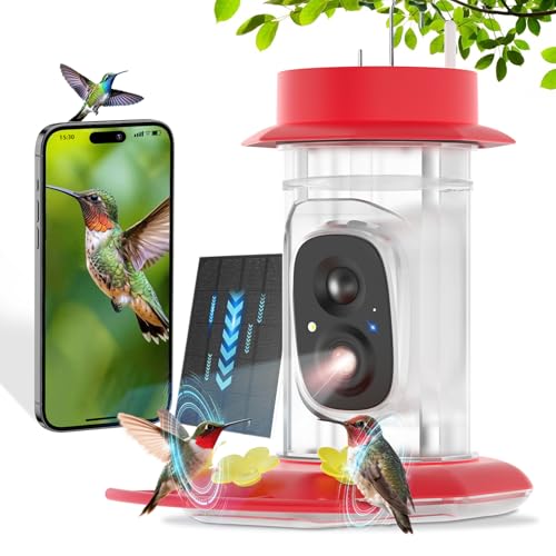 Hummingbird Feeder with Camera, Solar Powered, Anti-ant and Anti-bee Function, AI Bird Identification, Easy to Clean and Refill, Equipped with Bird Watching APP, an Ideal Gift for Hummingbird Lovers