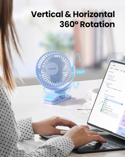 Image of Gaiatop Portable Clip on Fan Battery Operated, Small Powerful 3 Speed Quiet 360 Rotate, USB Rechargeable Mini Personal Cooling Fan for Desk Table Home Office Stroller Camping Women Gifts Light Blue