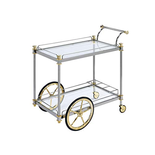 Serving Bar Carts Home Bar Carts With Wheels 2-Tier Clear Glass Holder And Metal Frame Mobile Kitchen Wine Storage Cart Serving Trolley For Home Dining Room (Gold+Silver) #TOP1