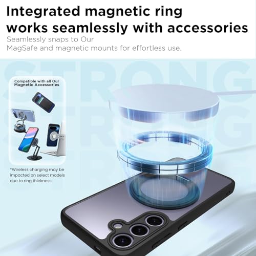 Image of RIGGEAR Shockproof Sleek Hybrid Armor 360 Rotating Magnetic Ring Stand Back Cover Case Compatible with MagSafe Accessories for Samsung Galaxy S24 (Clear PC + Black TPU Bumper)