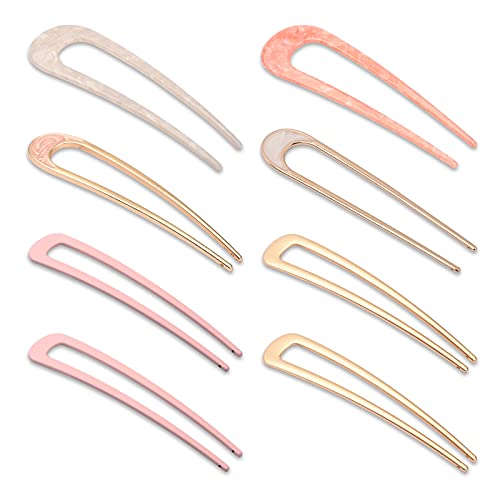8 Pieces U-Shaped Hairpin Fork Stick Tortoise Shell Hair Clip Bun Hair Pins Clips 2 Prongs Hair Stick Metal Hair Pin for Women Girls Hair Styling Accessories