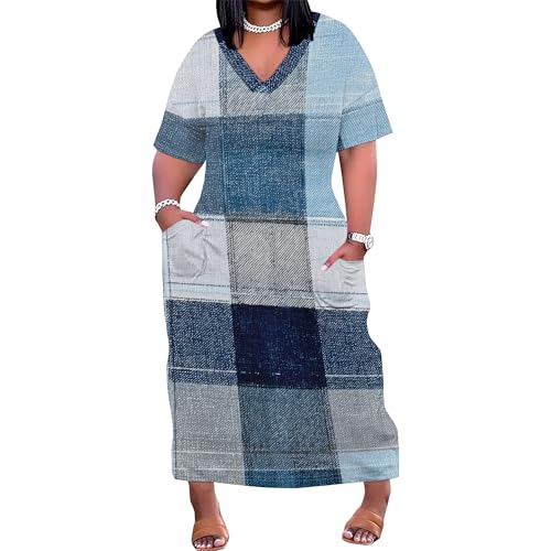 Image of Plus Size Maxi Dress for Women Short Sleeve V Neck Casual Loose Sundress with Pockets