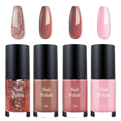 Virellay 4PCS Glossy Nagellack Schnelltrocknend Set - Nagellack Haltbarer Nail Polish Schnelltrocknend - ohne UV Lampe für Frauen und Mädchen DIY Nail Art Home (Rosa Glitzer)