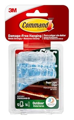 Command Outdoor Rope Light Clips, 12 Hooks and 16 Command Strips, Damage Free Hanging Christmas Decorations with Weather Resistant Strips, Wall Clips for Hanging Outdoor Lights and Cable Management