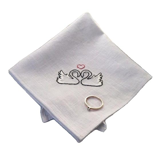 Shree adodhya embroidered white linen wedding handkerchief- two swans heart design- elegant bridal hanky, groom gift or anniversary.soft cotton/linen blend.set of 2.-image-26