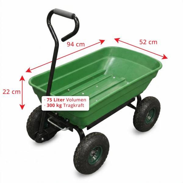 Gartenwagen mit Kippfunktion 300 kg, Transportwagen mit Luftreifen und Lenkachse, robuste Gartenkarre als Schubkarren Alternative, Kippwagen Lastenwagen für Gartenarbeit, Holz, Erde, Laub und Kompost