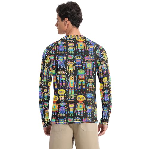 Bolaz Mens UV Protection Shirts Rash Guard Long Sleeve UPF 50+ Colorful Robots Quick Dry S2