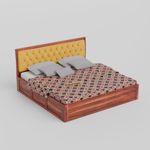 Image of Solid Sheesham Wood King Size Bed with Box Storage | Yellow Upholstered Cushion Headboard | Wooden Double Bed for Bedroom | Palang /Cot /Mancham | Honey Finish