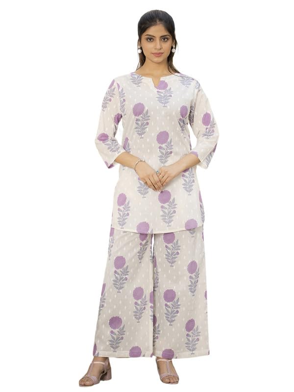 Pinkmint Women's Pure Cotton Co Ord Set L Flower Printed Co Ord Set L Stylish Pocket & 3/4 Sleeve Women Co-Ord Set