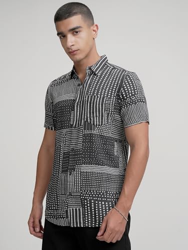 Image of Highlander Men's's Geometric Print Shirt | Half Sleeves | Bold & Sophisticated Design