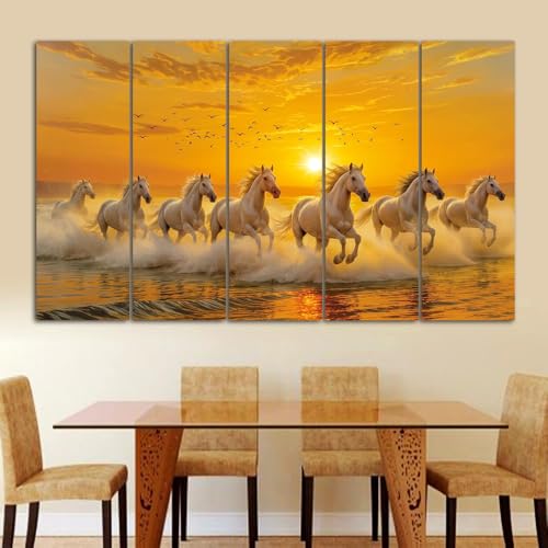Image of Maxstone 7 Horses Wall Painting for Living Room Big Size - 7 Running Horses Painting Vastu for Bedroom, Office, Hotel - Wall Decor Digital Painting Wooden Framed for Gifting (30x60 inch) M1390