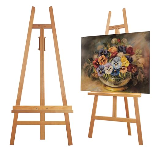 Heavy Duty A-Frame Wood Easel Stand - Adjustable Studio Easel Holds Large Canvas, Mirror, Wedding Sign Up to 90 Inches, Floor Display Easel for Artists & Events, Natural Beechwood
