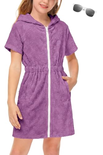 Image of BesserBay Girls Swim Cover Up Beach Bathing Suit Coverups for Swimwear Zip-Up Terry Cloth Robes with Sunglasses 6-14 Years