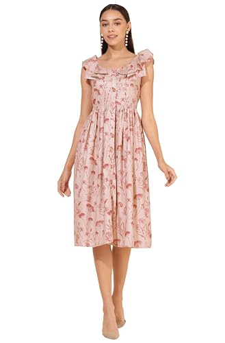 Image of Janasya Women's Moss Digital Floral Printed FLA Dress