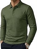 Camisa polo masculina casual, manga comprida, texturizada, com botões, gola e férias, negócios, outono, Verde, GG
