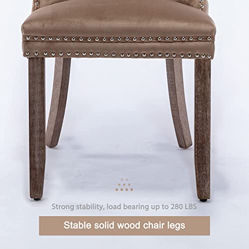 Image of Virabit Velvet Dining Chairs Set - Tufted Upholstered Chairs with Nailhead Back and Ring Pull Trim, Solid Wood for Kitchen /Bedroom /Dining Room (Khaki)