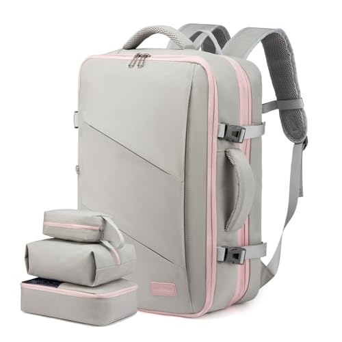 LOVEVOOK Sac à Dos Voyage Cabine Avion 40L Grand Sac à Dos Bagage à Main Antivol Sac à Dos Ordinateur Portable 17.3 Pouces Imperméable Sac Ados Homme Femme Gris Rose