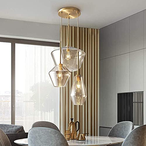 Lustre moderne en verre champagne doré à 3 têtes pour salon et cuisine