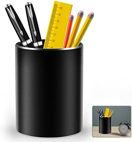 Giecy Pen holder for desk,tidy round metal aluminum pen pots desk stationary organisers and pencil holder for Classroom,Office,Home and Kids, Non-slip silicone bottom(Black)