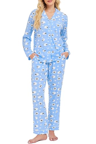 Image of LUBOT 100% Cotton Pajamas for Women Pajama Set 2 Piece PJ Sleepwear Set Soft Ladies Button Knit Long Sleeve Loungewear XS-XXL