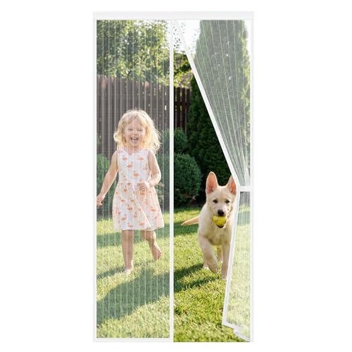 Auxmir Mosquitera Puerta Magnética, 100x210CM Ensanchada y Engrosada Cortina Mosquitera Exterior Antimosquitos Imantada Cierre Automático Malla Imanes de Poliéster Imanes, Blanco