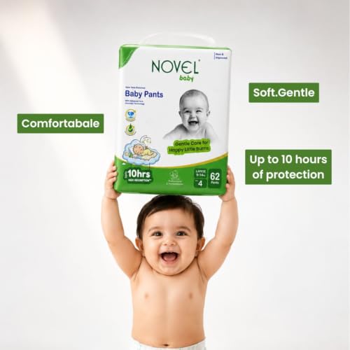 Image of Novel Baby Diaper Pants | XL Size (Extra Large), with Aloe Vera Lotion for rash protection | Pack of 54 Count | Cotton-Soft & Breathable | 360 Comfort Fit, Rash-Free Overnight Diapers for Babies