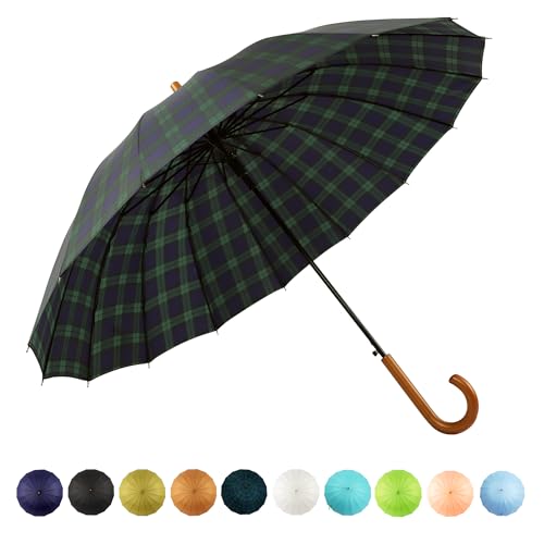SoulRain Plaid Umbrella 16 Ribs 48 Stick Umbrella Auto Open Vintage Cane Big Umbrella With Classic Wood Handle Windproof Unbreakable Strong Wind Resistant Umbrellas Adult(Grid Navy)