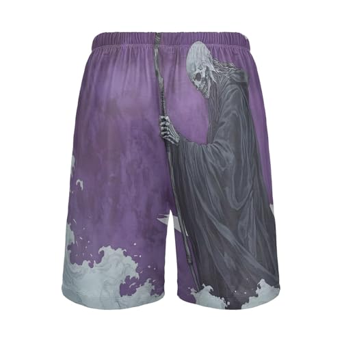 Mens Sleep Shorts Grim Reaper Moon Print, Elastic Pajama Pants Sleepwear with Pockets S2