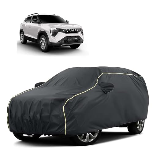 Image of Sulfar 100% Water Resistant Car Body Cover Compatible with Mirror for Mahindra XUV 3XO (Triple Stitched, Full Bottom Elastic, Dark Grey Tafetta with Yellow Piping)