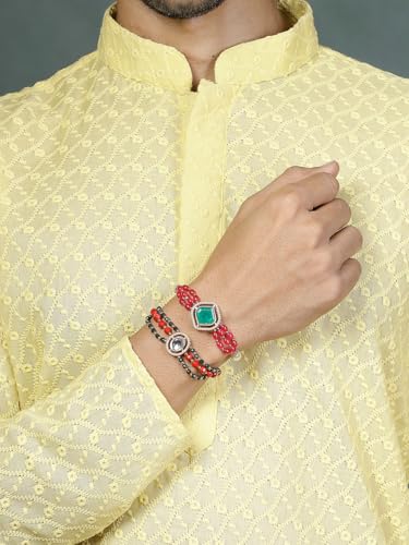 Image of Sukkhi Rakhi Excellent Kundan & Pearls Designer Gold Plated Premium Rakhi for Brother with Roli Chawal & Greeting Card|Rakhi for Brother /Bhaiya /Bhai /Men|Kundan Rakhi|Rakhi Combo-Set of 2