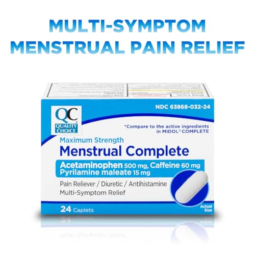 Quality Choice Menstrual Complete Max Strength Period Pain Relief, 500 mg of Acetaminophen, 60mg of Caffeine, 15mg of Pyrilamine Maleate, Cramps, Bloating, Headache. 24 Count.