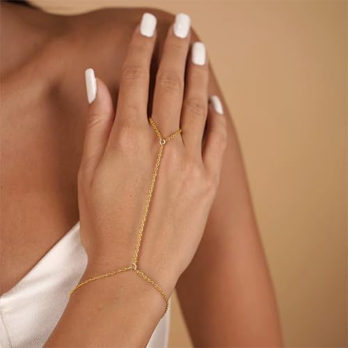 Image of Long tiantian Hand Chain Bracelet Gold Link Finger Ring Slave Bracelet