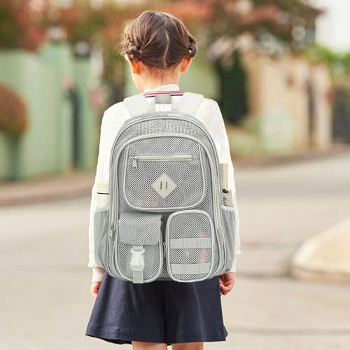 Grey Mesh Backpack for Girls Boys, Heavy Duty School Bookbag Womens Semi-Transparent Net Back Pack for Work Travel Beach2