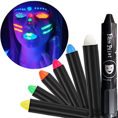 Auto Glow Face Paint Without Blacklight, SayingArt Neon Bright Glow Body Paint Makeup, 6 Vivid Glow in Dark Facepaint Non Toxic Water-Off for Kids Adult Halloween Special Painting Event UV Party