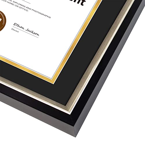 Space Art Deco, 11X19.5 Diploma Frame With Black Over Gold Double Mat For 8.5X11 Documents And One 5X7 Picture, Shatter-Resistant Glass Sawtooth Hangers Wall Mount Display (Silver And Black) #TOP1