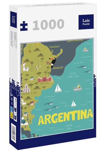 Lais Puzzle Tarjeta ilustrada de Argentina con naturaleza, animales y marcas de campo, 1000 piezas