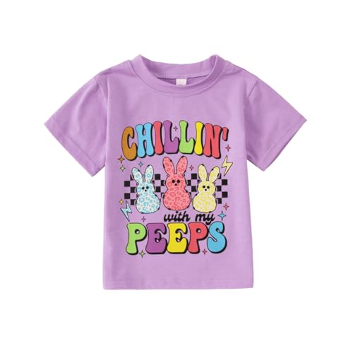 MODNTOGA Toddler Girl Easter Outfit Bunny Graphic T-Shirt Chillin' with My Peeps Letter Print Shirt Short Sleeve Tee Tops
