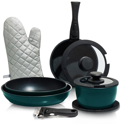 Image of Moss & Stone Aluminum Pots And Pans Set Nonstick, Removable Handle Cookware, Stackable , Dishwasher Safe, Induction Camping Cookware Set. (10 Pieces Blue)
