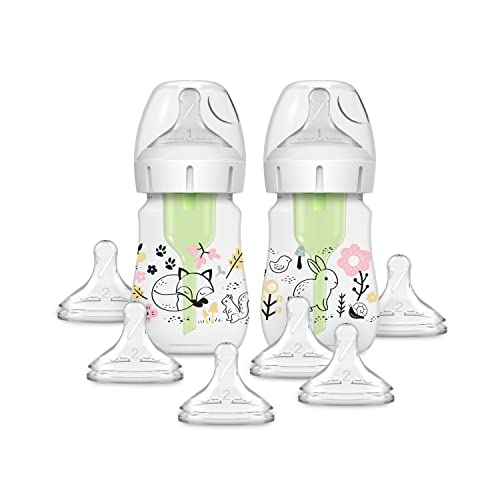 Image of Dr. Brown's Anti-Colic Options + Wide-Neck Baby Bottle Designer Edition, Woodland Decos, 5 oz/150 mL, Level 1 Nipple, 2-Pack, 0m+ with 6-Pack Level 2 Nipples