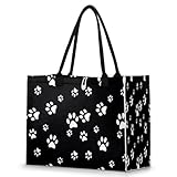 Puppy Paw Print Black Tote Bag For Women Travel Bag Reusable Grocery Bag Utility Tote For Work Shopp