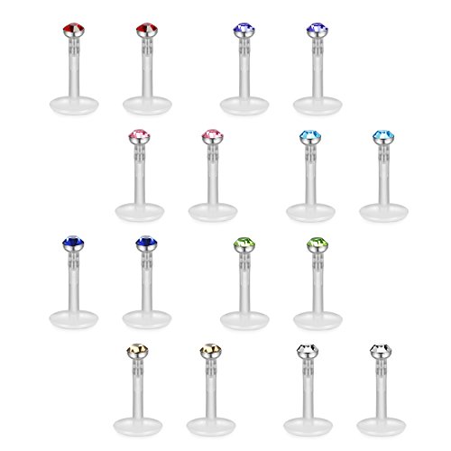 FIBO STEEL 16 Pcs 16G Clear Bioflex 2MM CZ Labret Monroe Lip Ring Helix Stud Earrings Body Jewelry Piercing,Colored