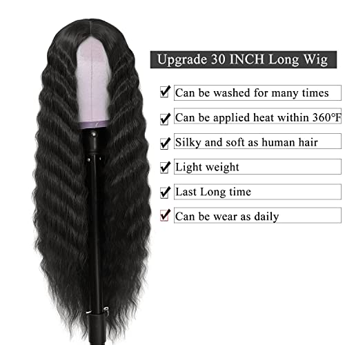 Instastyle 30 Inch Synthetic Curly Wigs For Women Long Black Hair Wig Lace Front 4" Simulated Scalp Natural Loose Deep Wave Crimps Curls Wig As Hair Replacement Wigs 1B #TOP3