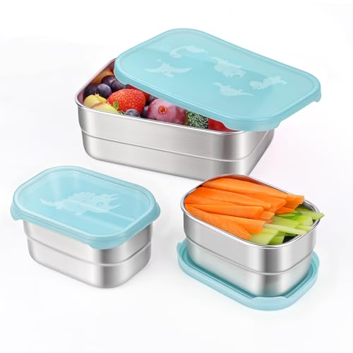 Image of Tanjiae 3 CUP+1 CUP Stainless Steel Lunch Snack Containers Set | Leak Proof 304 Stainless Steel Food Containers with Silicone Lids - Perfect Metal Lunch Box for Home and Travel (25oz+8oz*2)